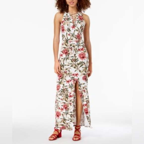 Material Girl Floral Lace-Up Maxi Dress - Red and Green on Cream Y2K Summer Chic - Picture 1 of 16